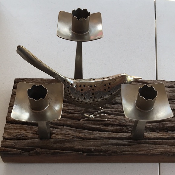 Pottery Barn Rustic Wood with Pierced Metal Bunny and Birds Taper Candle Holder - Picture 4 of 11